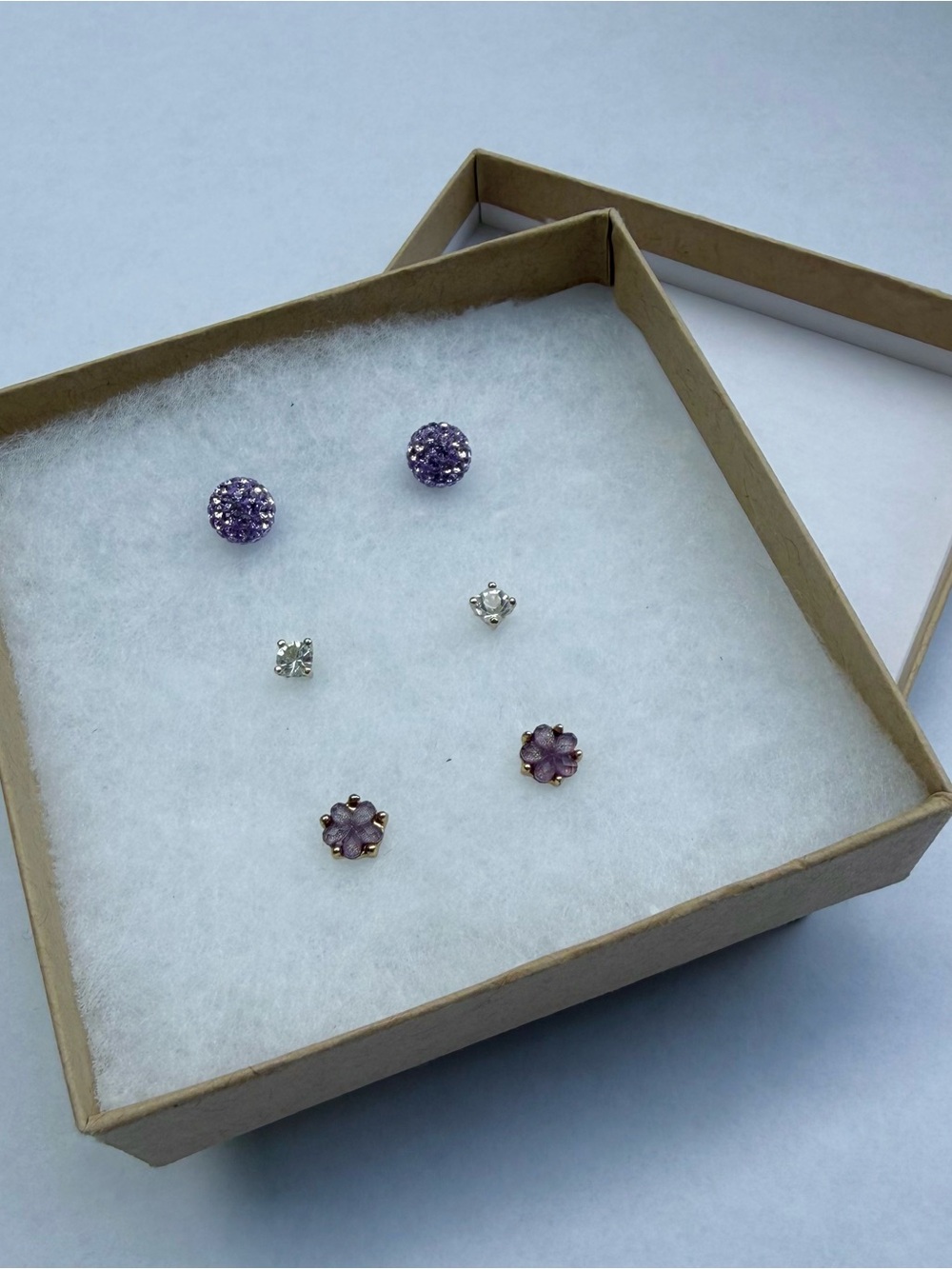 Lavender and Crystal Earrings - Ball, Diamond, and Flower - Pack of 3
